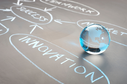 A glass globe rests on a gray surface with white chalk drawings of interconnected words such as "INNOVATION," "SUCCESS," and "TEAMWORK." The word "INNOVATION" is prominently featured, circled, and connected to other words by lines, illustrating the core principles of effective management.