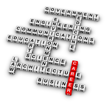 A crossword puzzle made of white and black letter tiles displays various career options such as government, engineering, communications, medicine, education, environment, science, arts, law, architecture, and business. The word "CAREER" is highlighted in red—an essential guide for any applicant.