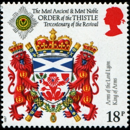 A postage stamp featuring the coat of arms of the Lord Lyon King of Arms, flanked by two red lions. The top reads "The Most Ancient & Most Noble Order of the Thistle Tercentenary of the Revival." A politician's silhouette profile appears in the corner. The denomination is 18p.