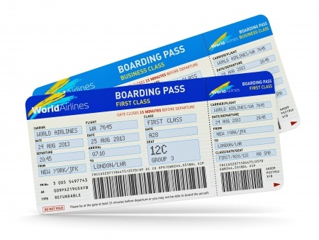 Two airline boarding passes from "World Airlines" are shown, one for Business Class and the other for First Class. They display flight details, including departure and arrival locations, seat numbers, and boarding groups with a background of a white surface—a perfect touch to your international experience.