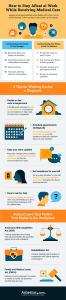 Infographic titled "How to Stay Afloat at Work While Receiving Medical Care." It details tips for communicating illness, scheduling, team updates, setting boundaries, and self-care. It also outlines federal leave rights under ADA, FMLA, and Rehabilitation Act.