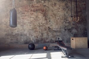 A home gym with rustic brick walls features workout equipment including a hanging punching bag, a medicine ball, a basketball, gymnastic rings, a plyometric box, and a bench press. Sunlight streams in, casting shadows on the concrete floor.