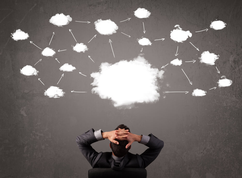 A person in a suit sits with hands behind their head, gazing at a chalkboard in the workplace adorned with multiple drawn clouds connected by arrows. The larger central cloud is surrounded by smaller interconnected clouds, symbolizing an intricate network of brainstorming and ideas.