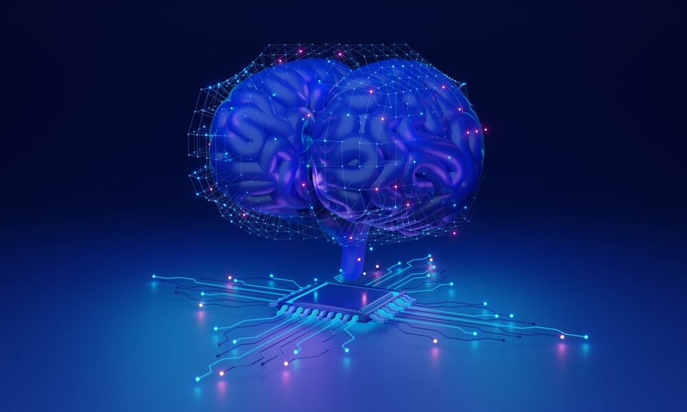 A digital illustration of a brain interconnected with a computer chip. The brain is depicted in shades of blue and purple, with neural pathways illuminated. The chip at the base has extending circuits, symbolizing diversity, equity, and inclusion in the blend of human cognition and technology.