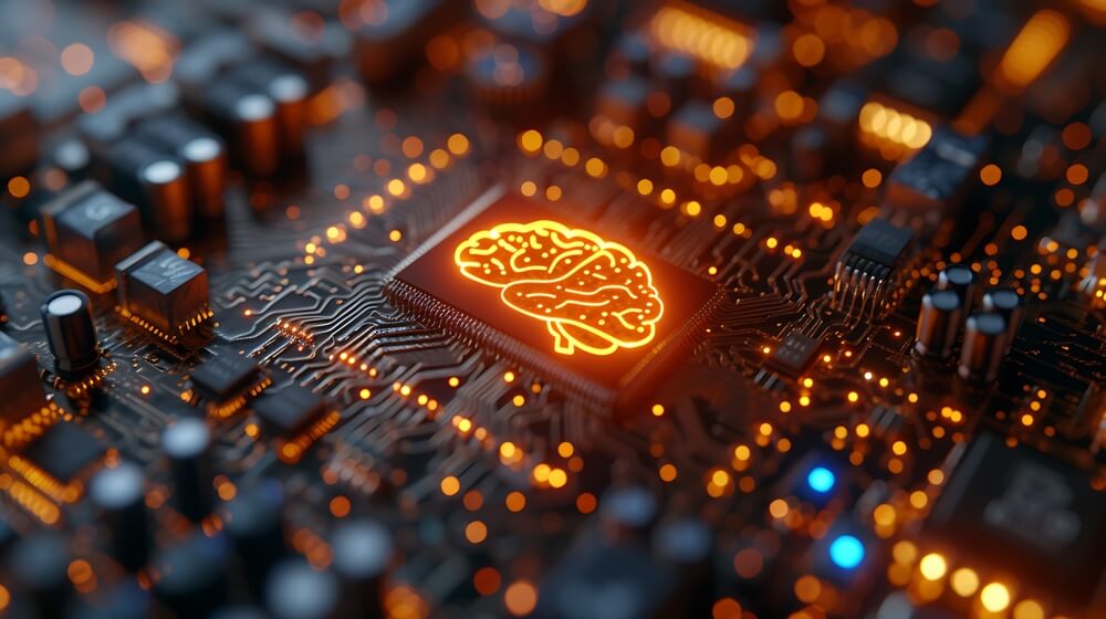 Close-up of a computer chip with a glowing orange brain symbol, surrounded by intricate circuitry and numerous small lights, embodying both artificial intelligence and visionary leadership in technological advancement.