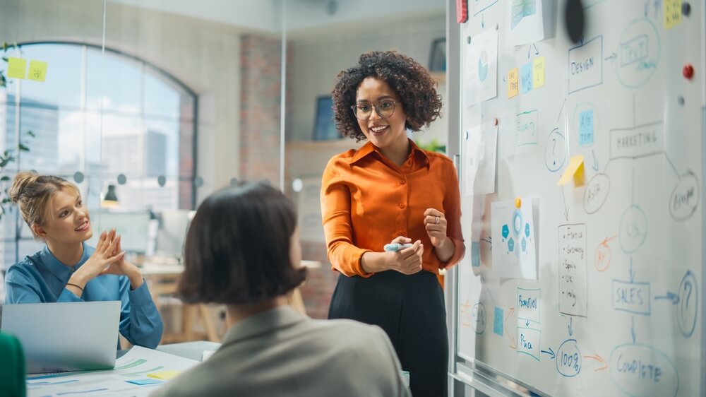 A woman with curly hair in an orange blouse stands smiling, showcasing her leadership as she presents ideas on a whiteboard covered with diagrams and notes. Two colleagues, a woman and a person with short brown hair, sit attentively at a table with a laptop.