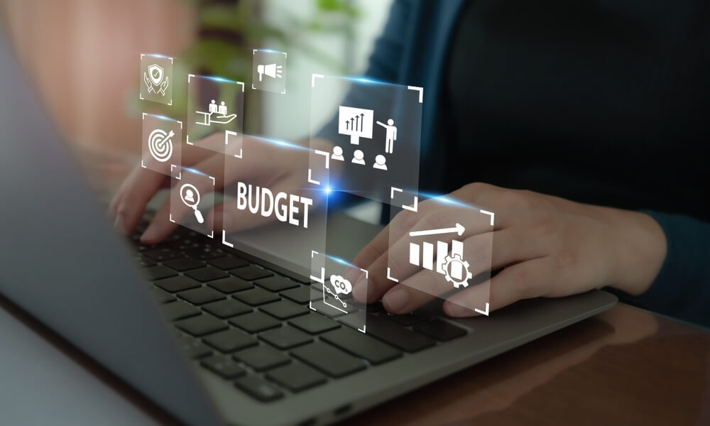 A person types on a laptop, surrounded by floating icons representing budget-related themes like graphs, charts, and targets. The word "BUDGET" is prominently highlighted among the icons, capturing the attention of employers seeking financial insights.