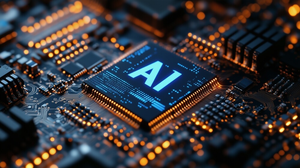 Close-up of a circuit board with a prominent microchip labeled "AI" at the center. Illuminated by orange and blue lights, it highlights the intricate network of electronic components, symbolizing AI's growing role in reshaping the landscape of modern employment.