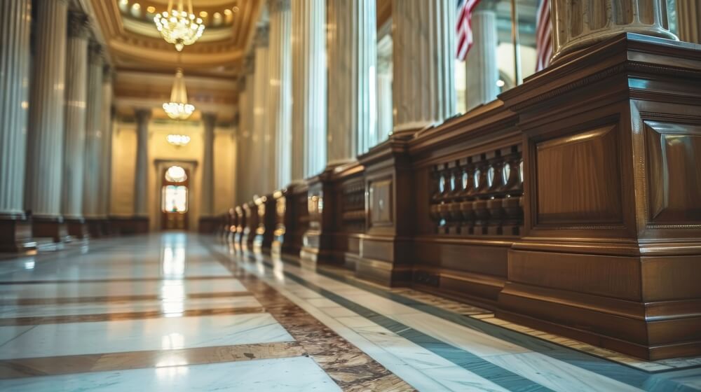 A grand interior with tall columns and ornate chandeliers, enhanced by AI-driven lighting that highlights every detail. The polished marble floor reflects a warm glow, and American flags suggest a formal setting. Wooden accents further enrich the elegant architecture.